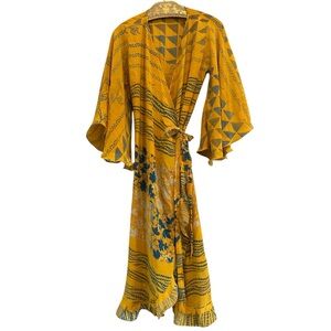 Indie Ella Yellow and Blue Patterned Kimono Wrap Dress